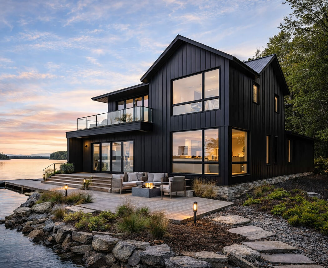 Maison au bord du lac avec revêtement métallique, toiture en métal et soubassement en pierre
