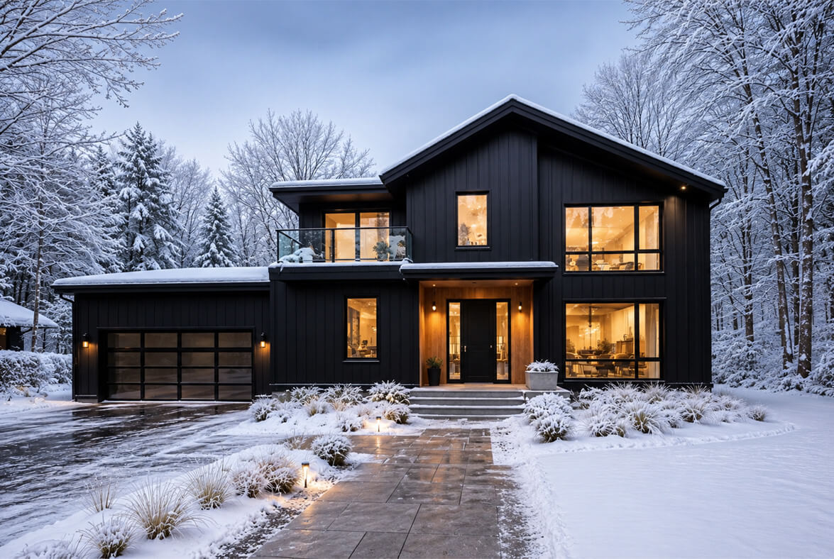 Maison avec revêtement métallique et toiture métallique en hiver