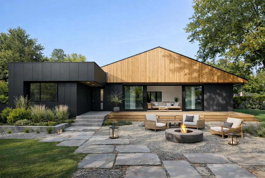 Maison avec revêtement métallique, parement en bois et foyer extérieur